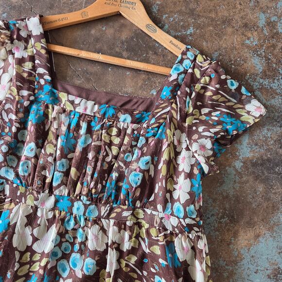 Vintage Y2K Floral Print Milkmaid Dress Size 14 P Brown Flutter Sleeve Chiffon - Picture 3 of 8